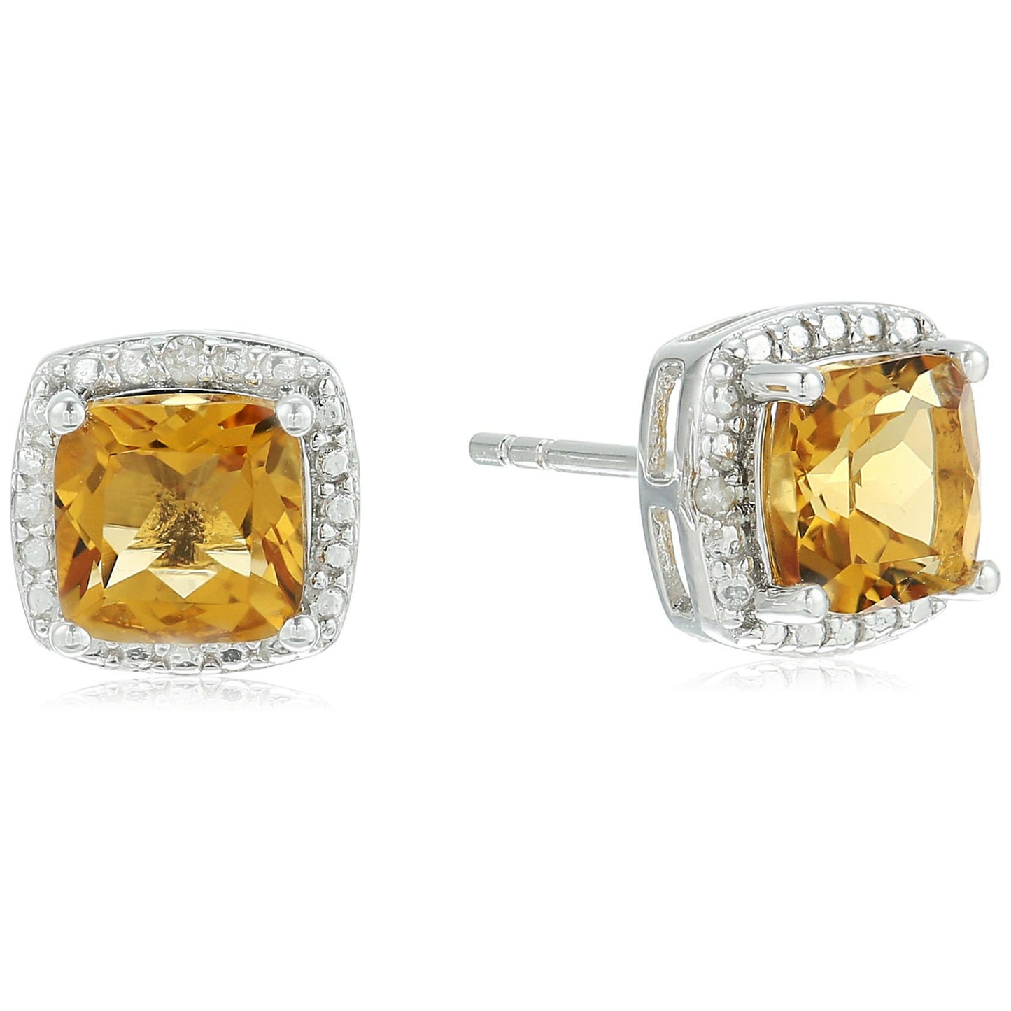 Sterling Silver Cushion Citrine and Diamond Accented Halo Stud Earrings - pinctore