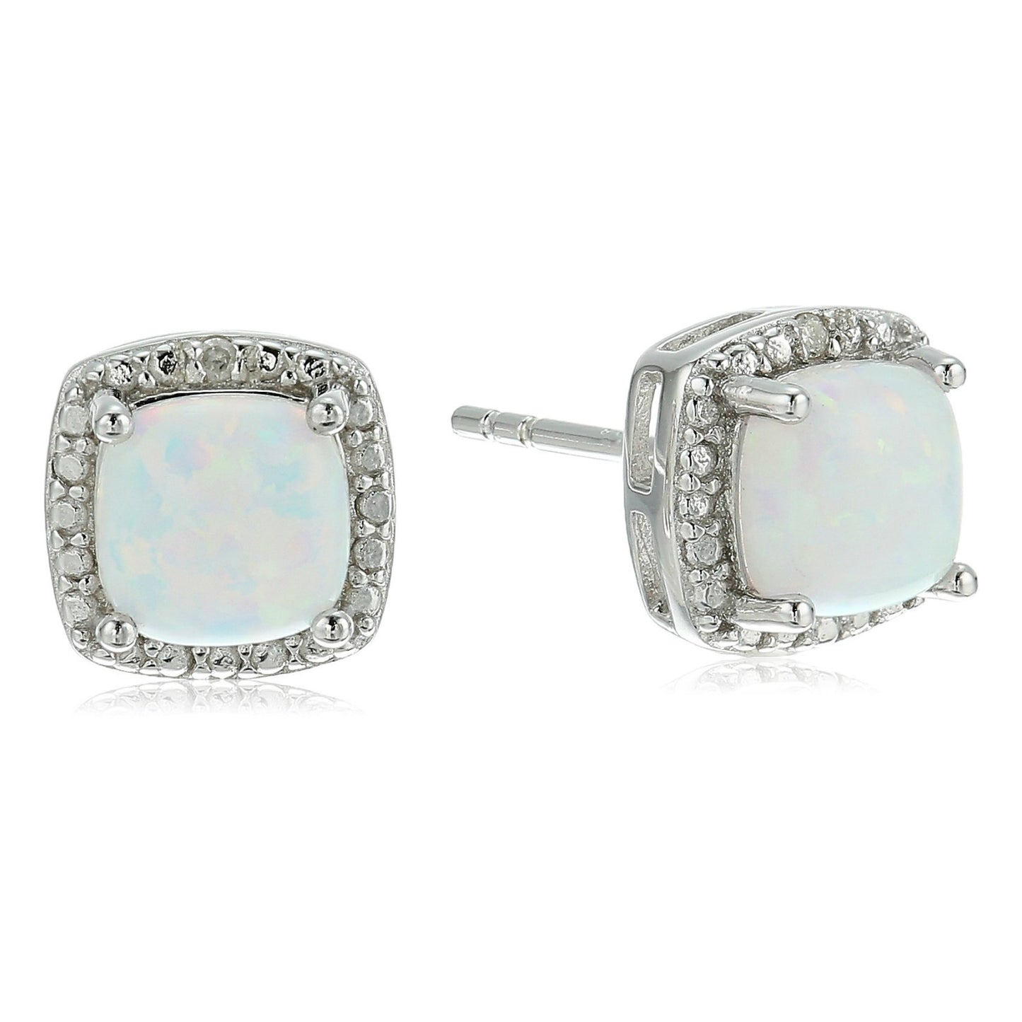 Sterling Silver Cushion Created Opal and Diamond Accented Halo Stud Earrings - pinctore
