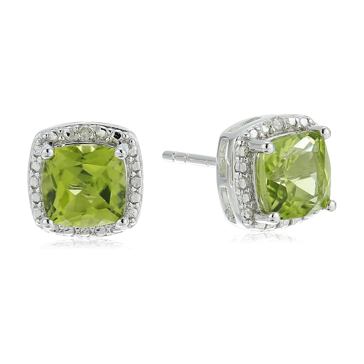 Sterling Silver Cushion Peridot and Diamond Accented Halo Stud Earrings - pinctore