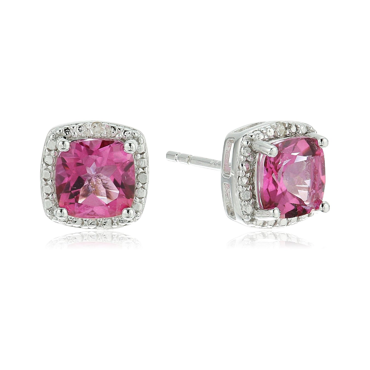 Sterling Silver Cushion Pink Topaz and Diamond Accented Halo Stud Earrings - pinctore