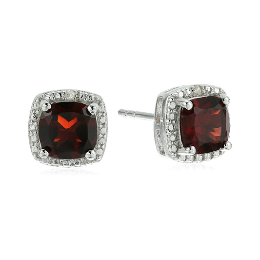 Sterling Silver Cushion Garnet and Diamond Accented Halo Stud Earrings - pinctore