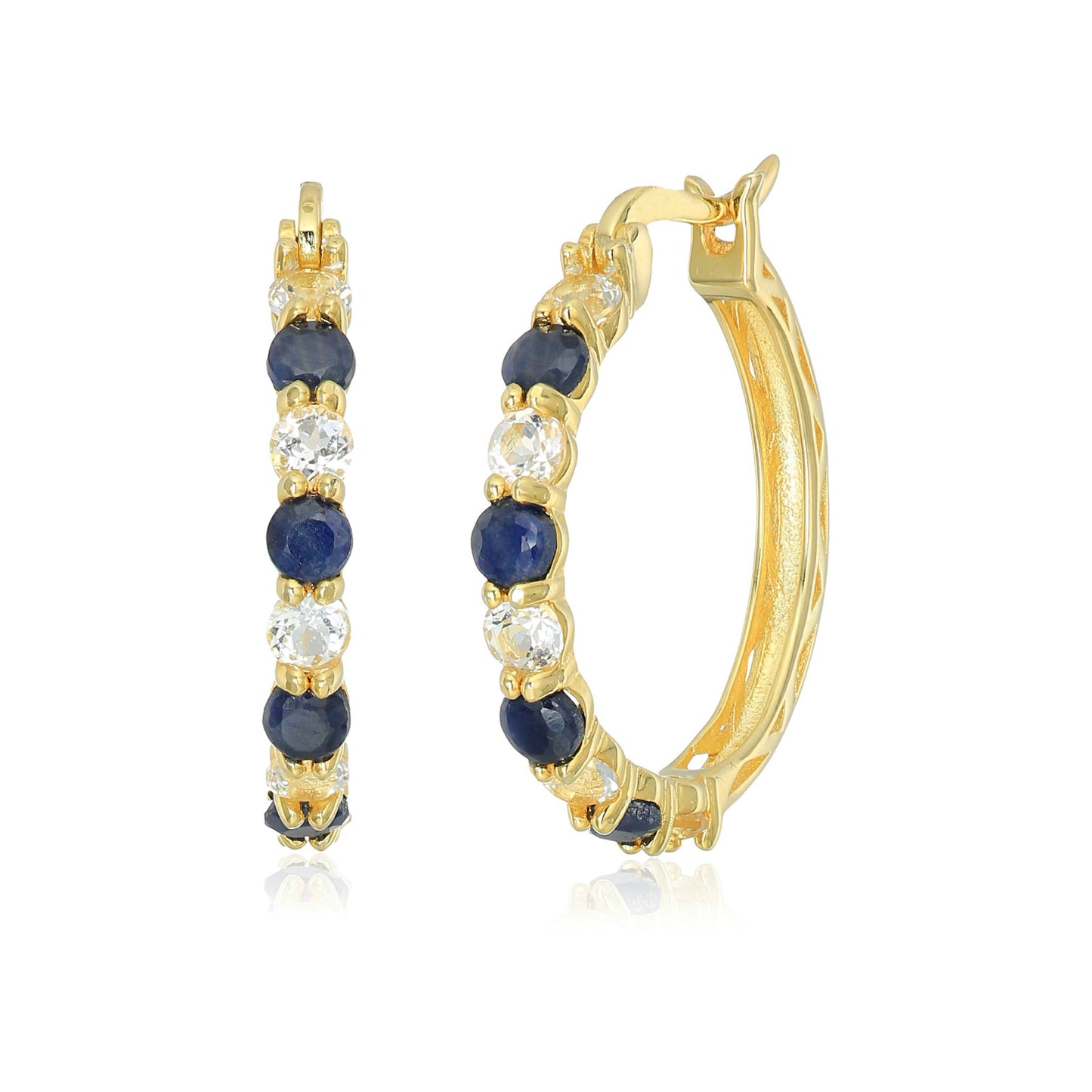 Pinctore Yellow Gold-Plated Silver 2 cttw Blue Sapphire and White Topaz Hoop Earrings, 1" - pinctore