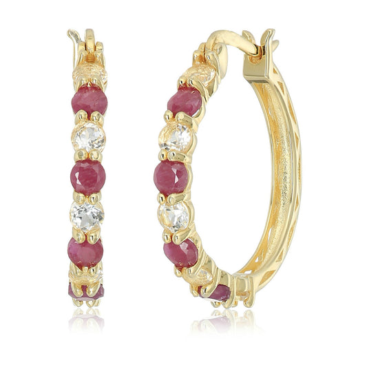 Yellow Gold-plated 2 cttw Ruby and White Topaz Hoop Earring,  1" - Pinctore