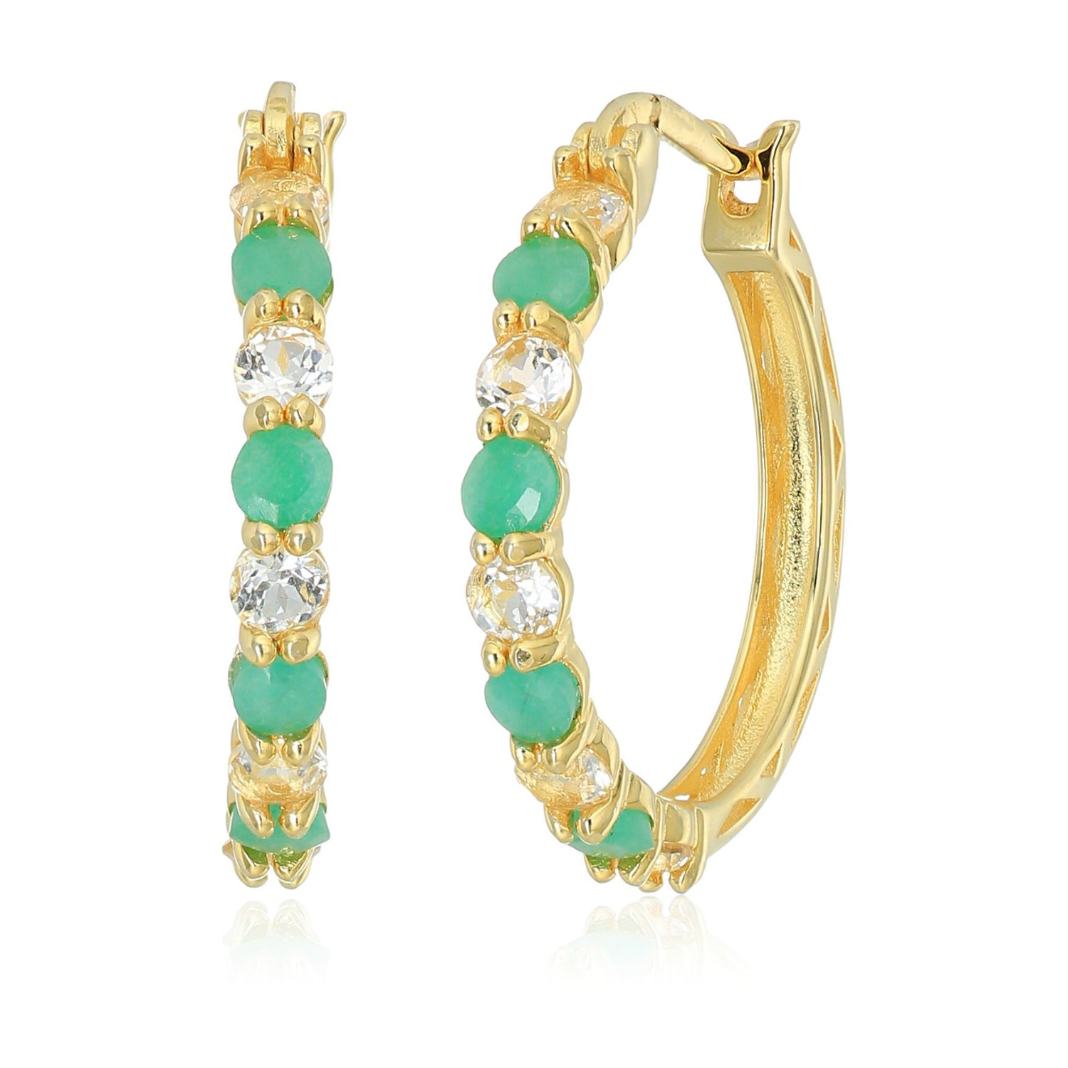 Pinctore Yellow Gold-Plated Silver 2 cttw Emerald and White Topaz Hoop Earrings, 1" - pinctore