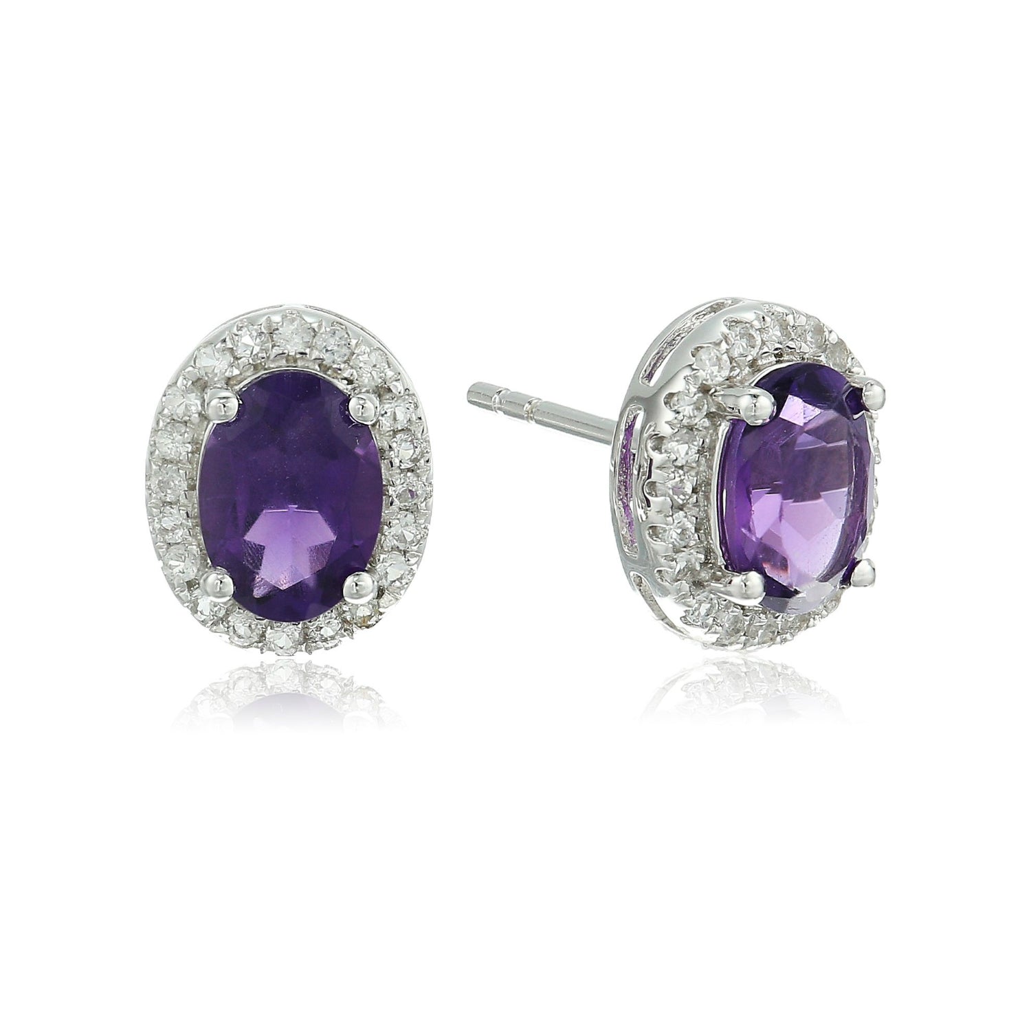 Sterling Silver Oval Amethyst and White Topaz Halo Stud Earring - Pinctore