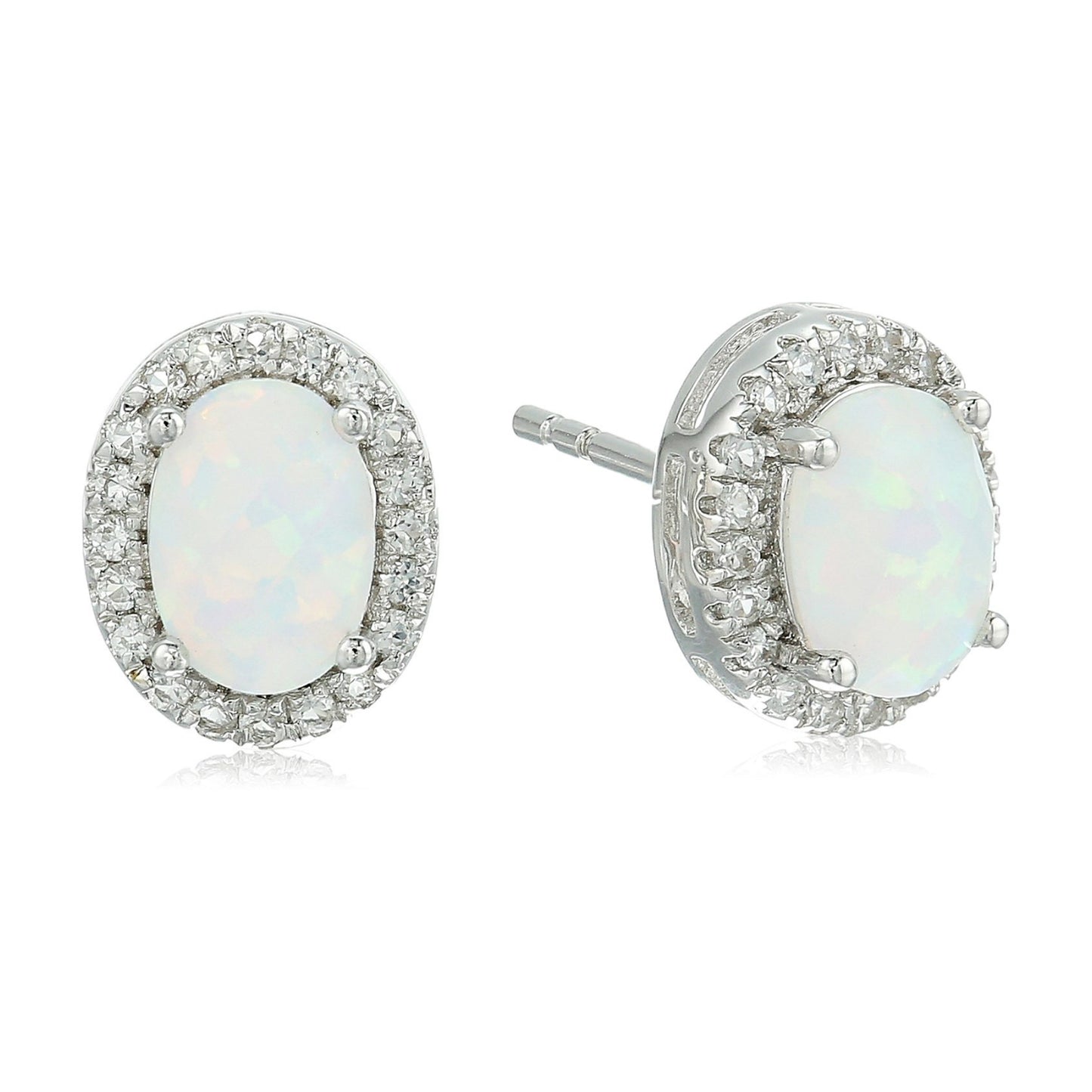 Pinctore Sterling Silver Opal Oval and White Topaz Halo Stud Earrings