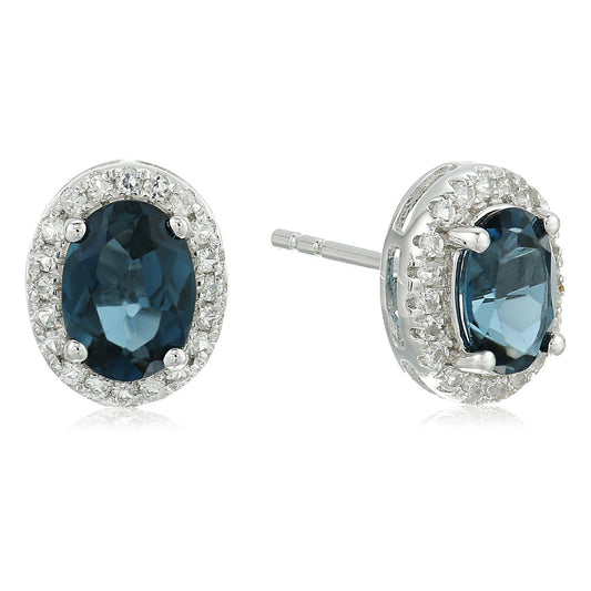 Sterling Silver Oval London Blue Topaz and White Topaz Earring - Pinctore