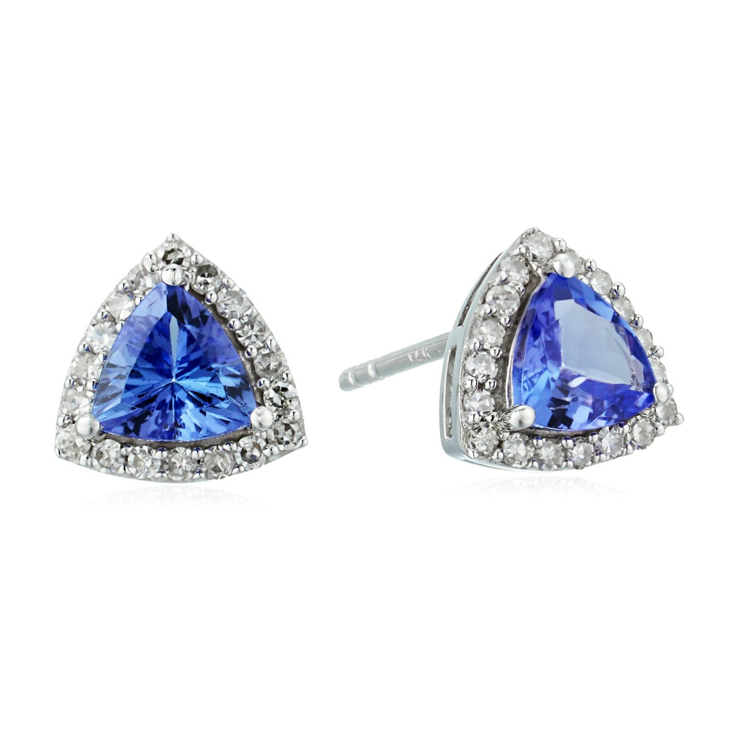 14k White Gold 3/4 cttw Trillion Tanzanite and Diamond Halo Stud Earrings (1/8 cttw, I-J Color, Clarity I2-I3) - pinctore