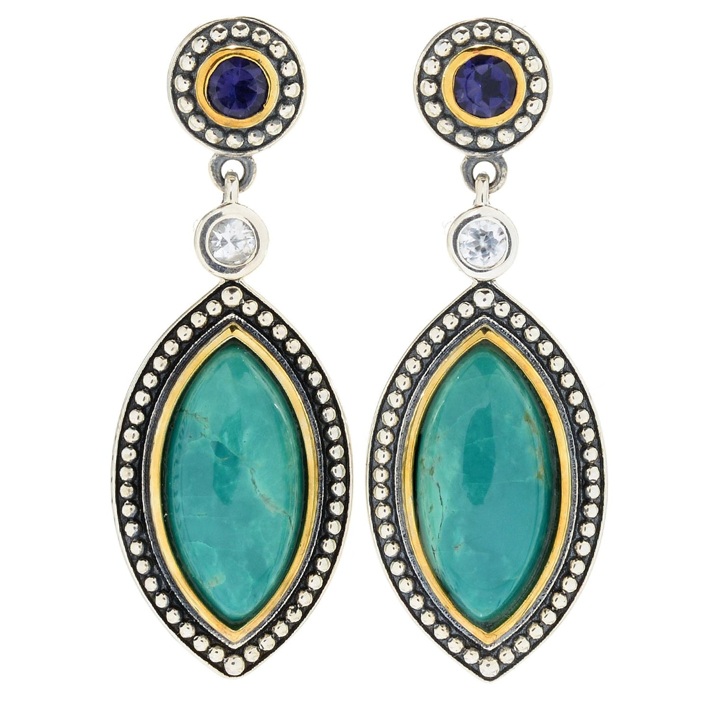 Pinctore Sterling Silver 1.5" Turquoise, White Zircon & Gem Drop Earrings