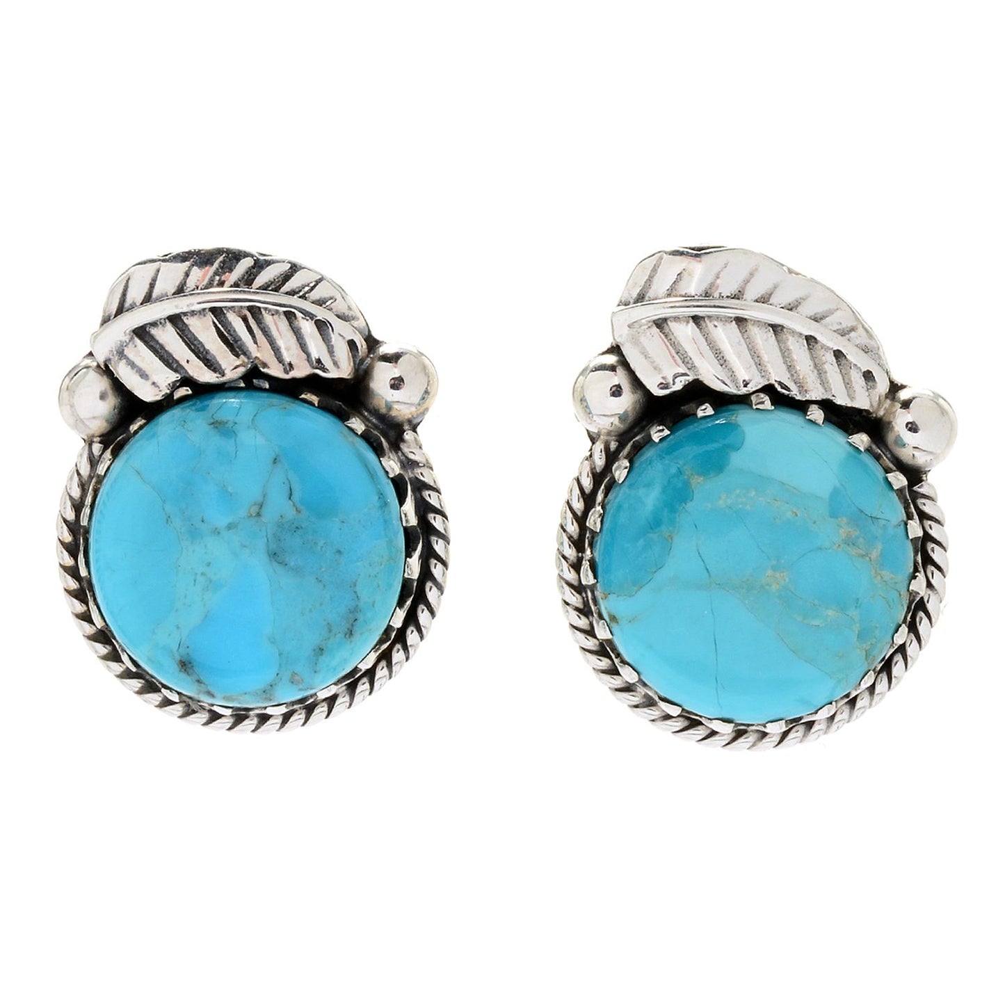 Pinctore Sterling Silver 15mm Round Mohave Turquoise Leaf Stud Earrings - pinctore