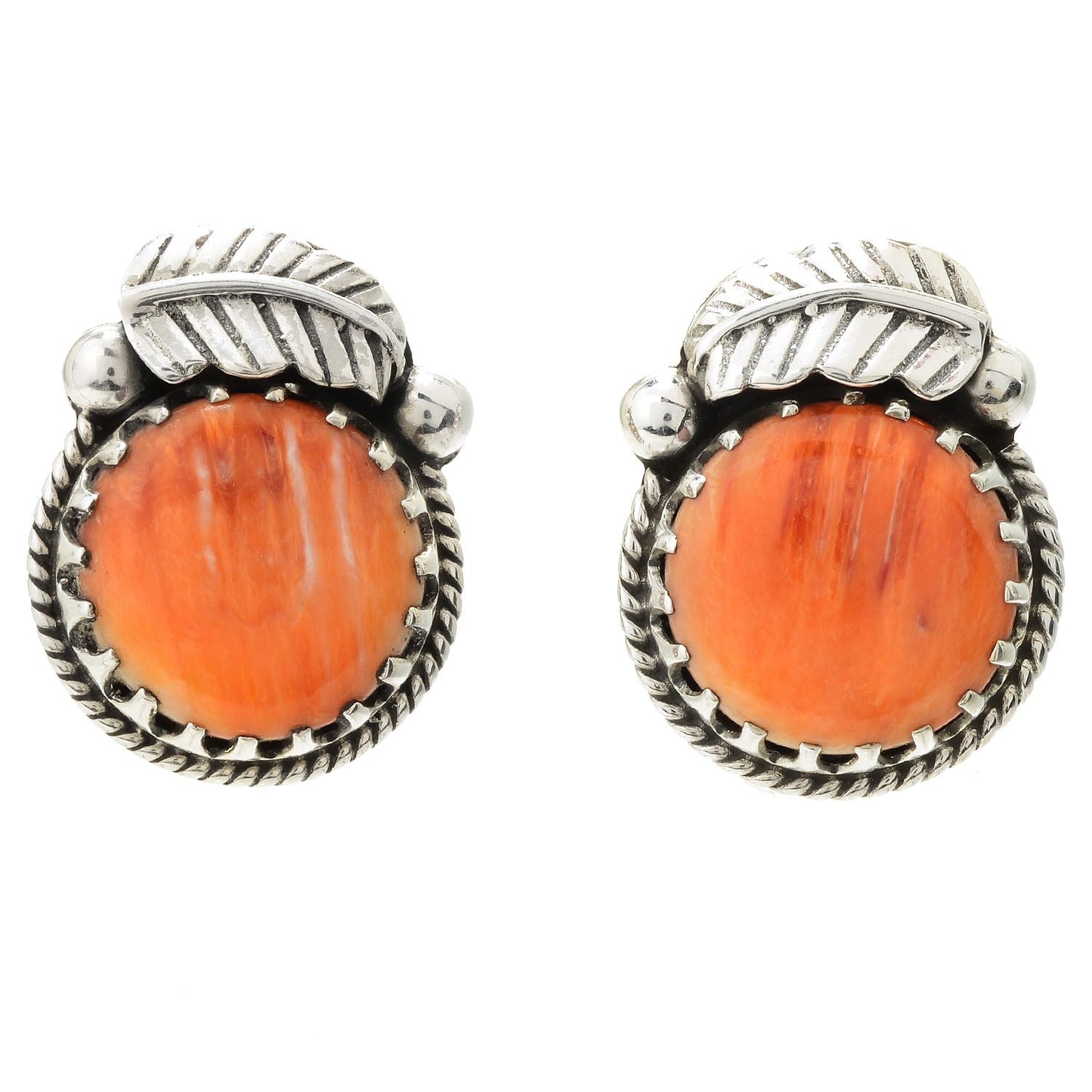 Pinctore Sterling Silver 15mm Round Orange Spiny Oyster Leaf Stud Earrings - pinctore