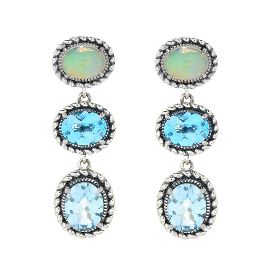 925 Sterling Silver Sky Blue Topaz, Swiss Blue Topaz, Ethiopian Opal Earring - Pinctore