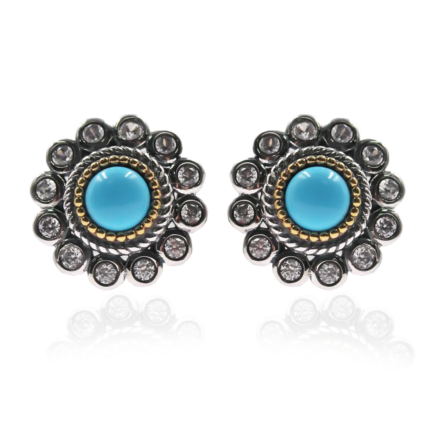 Sterling SIlver 925 Sonora Beauty Turquoise, White Natural Zircon Studs Earring - Pinctore