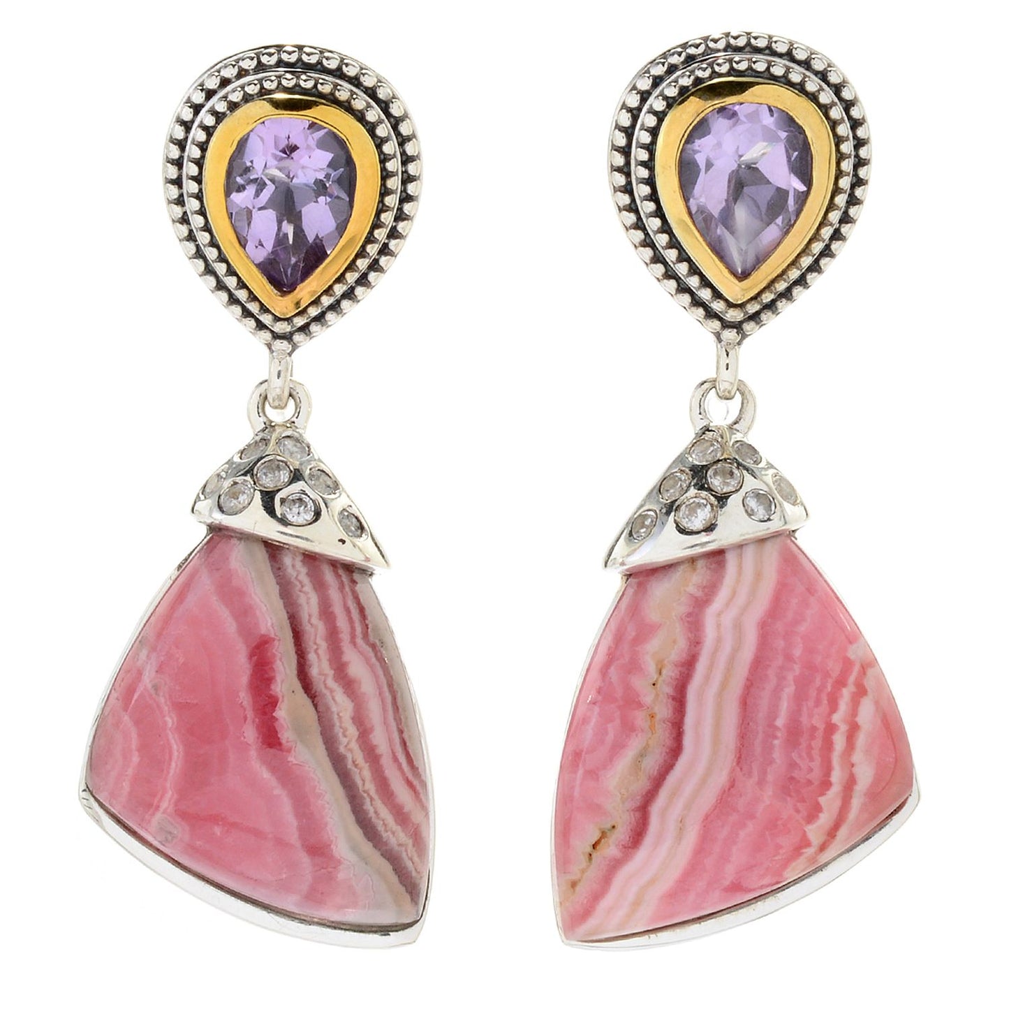 Pinctore Sterling Silver 1.5" Rhodochrosite & Pink Amethyst Drop Earrings