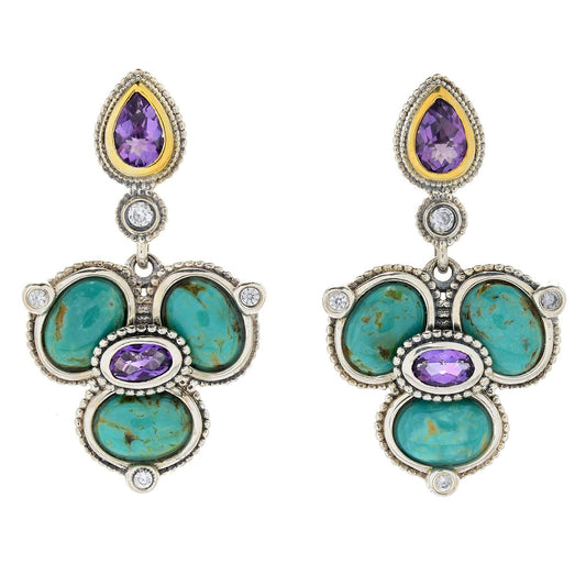 925 Sterling Silver White Natural Zircon,Tyrone Turquoise,African Amethyst Earring