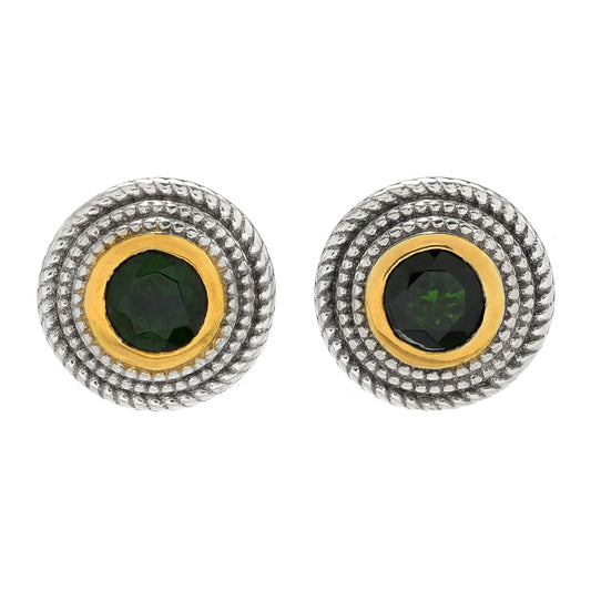 Pinctore Sterling Silver Round Chrome Diopside Triple Rope Halo Stud Earrings