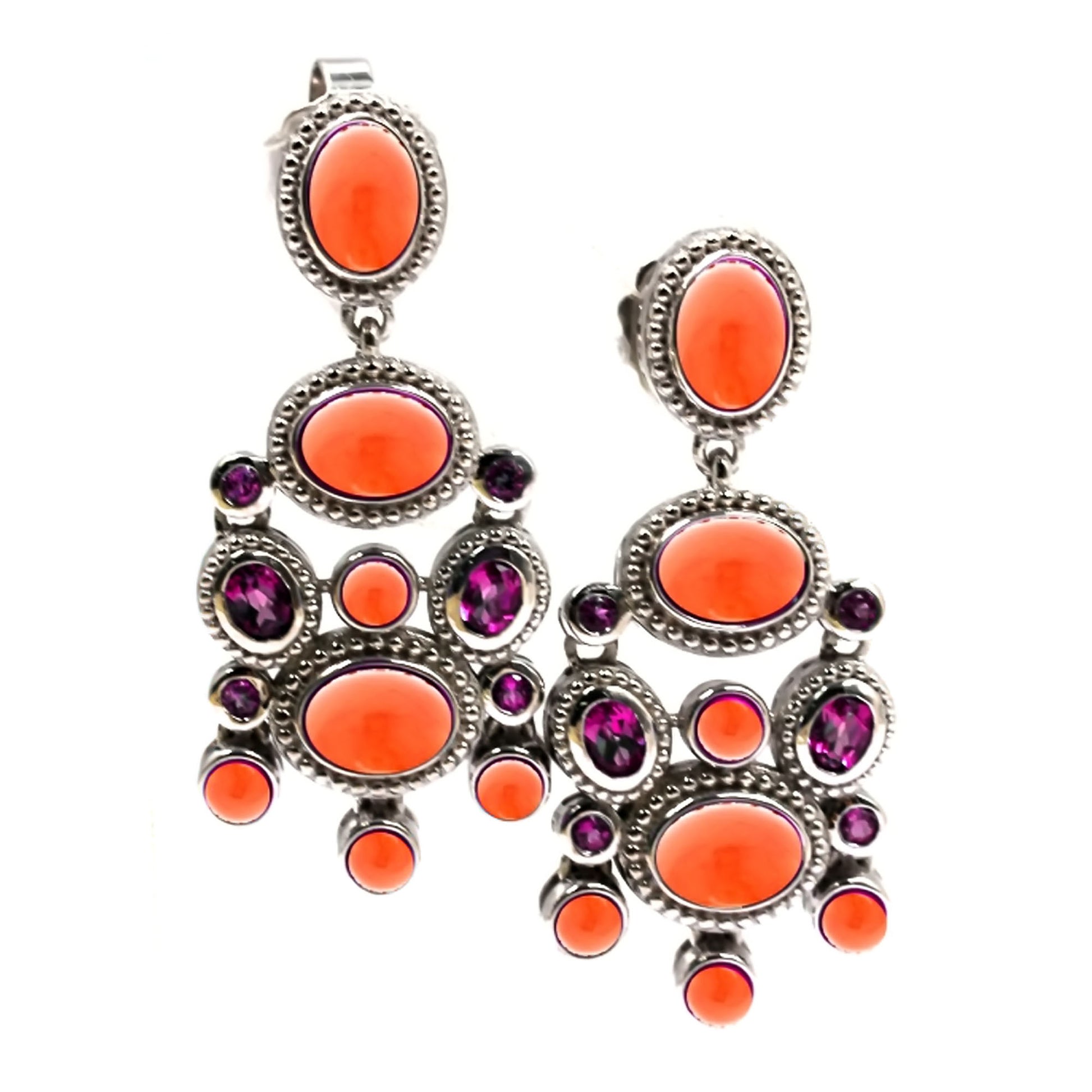 925 Sterling Silver Rhodolite Garnet, Pink Opal Earring - Pinctore