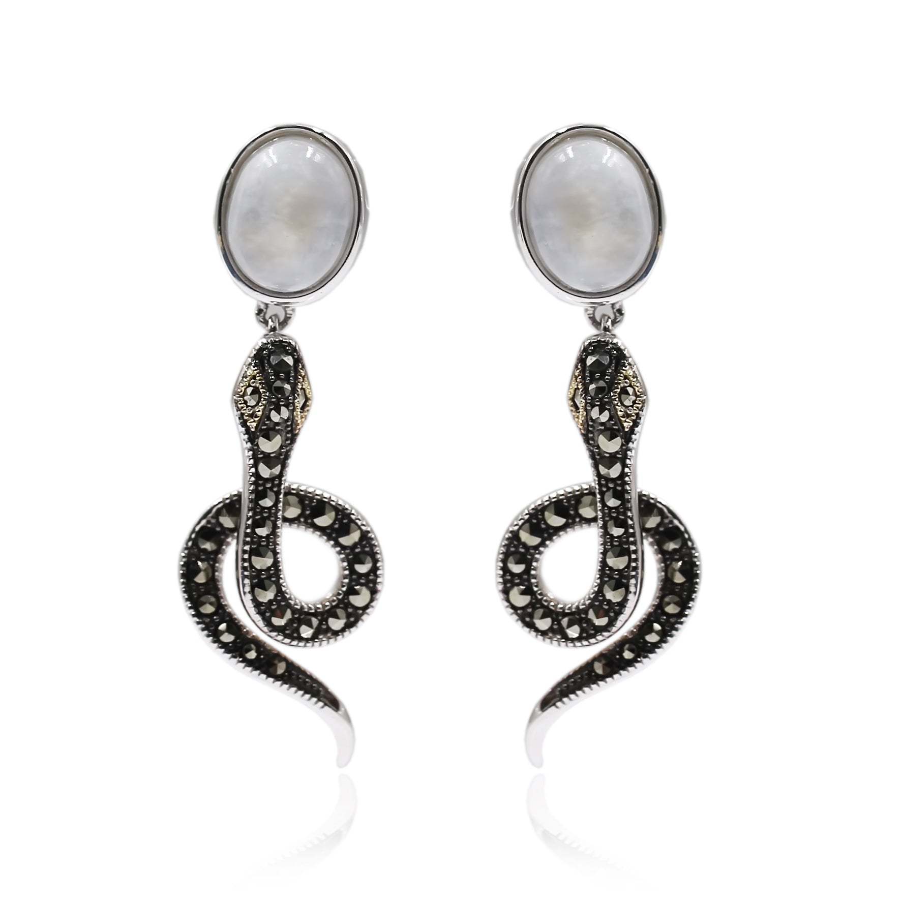 14K Gold & Strling Sillver With Moonstone, Marcasite Earrings