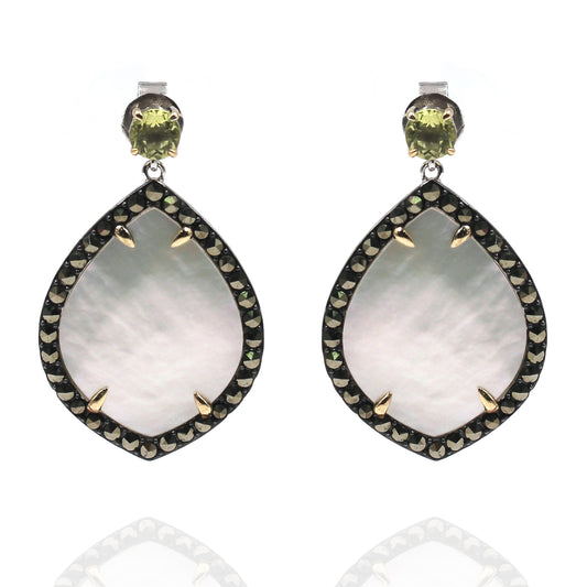 14K Gold & Sterling Sillver with Pearl,  Marcasite Earring - Pinctore