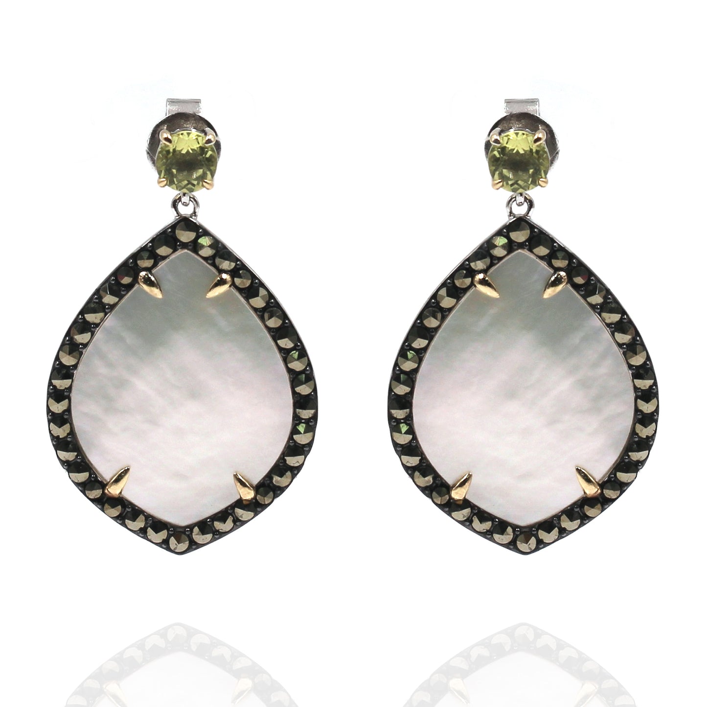 14K Gold & Sterling Sillver with Pearl,  Marcasite Earring - Pinctore