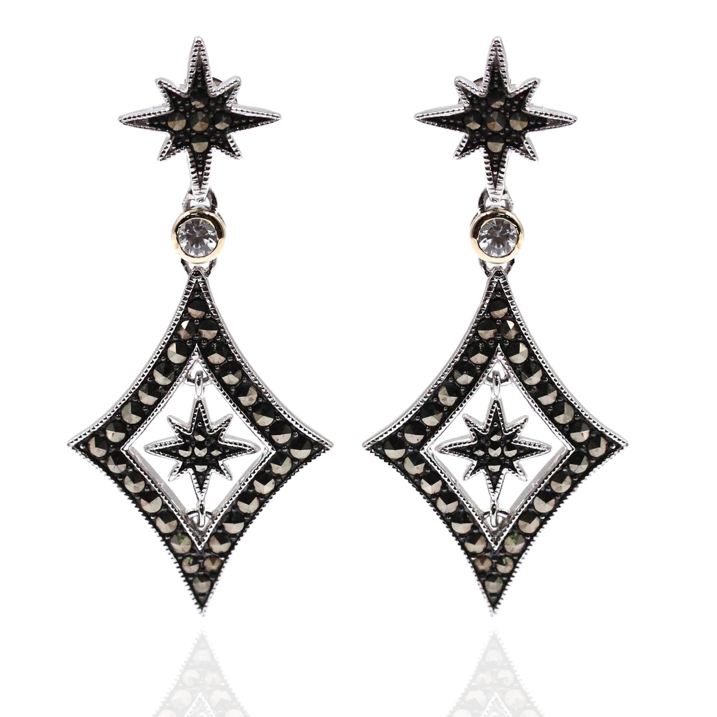 14K Gold & Strling Sillver With Zircon, Marcasite Earrings