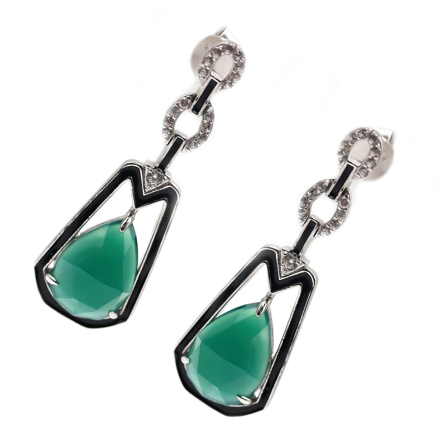 925 Sterling Silver Green Agate,  White Natural Zircon Earring - Pinctore