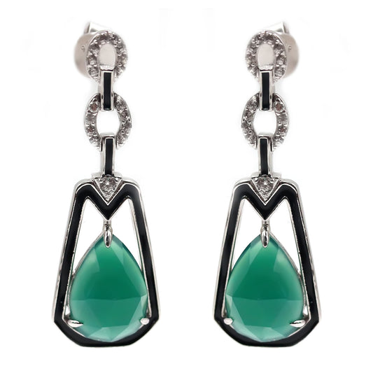 925 Sterling Silver Green Agate,  White Natural Zircon Earring - Pinctore