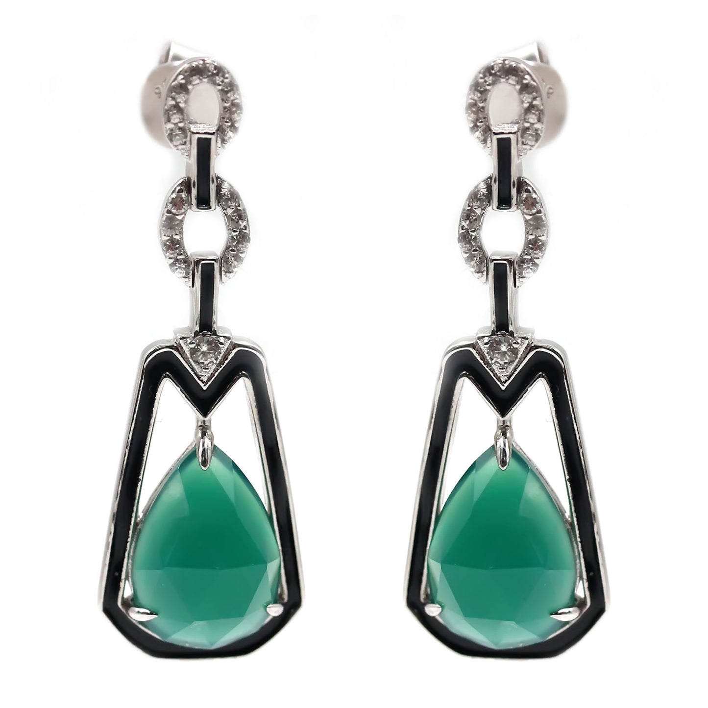 925 Sterling Silver Green Agate,  White Natural Zircon Earring - Pinctore