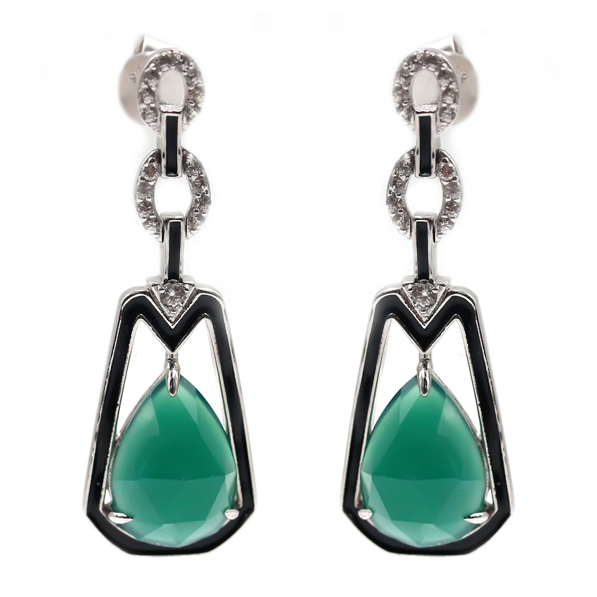 925 Sterling Silver Green Agate,  White Natural Zircon Earring - Pinctore