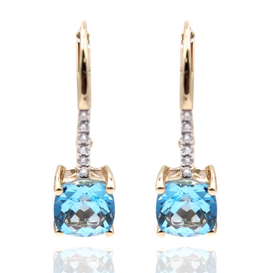 14Kt Yellow Gold Swiss Blue Topaz With With Diamond Dangling Earring - Pinctore