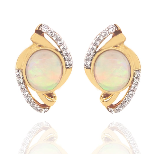 14Kt Yellow Gold Ethiopian Opal With Diamond Stud Earring - Pinctore