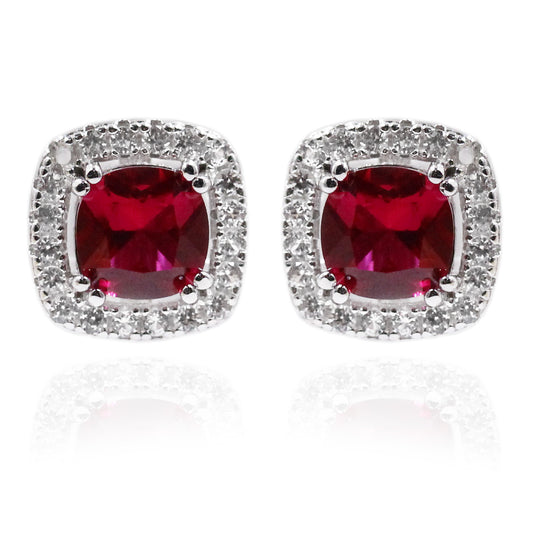 925 Sterling Silver Created Ruby, Created White Sapphire Stud Earring