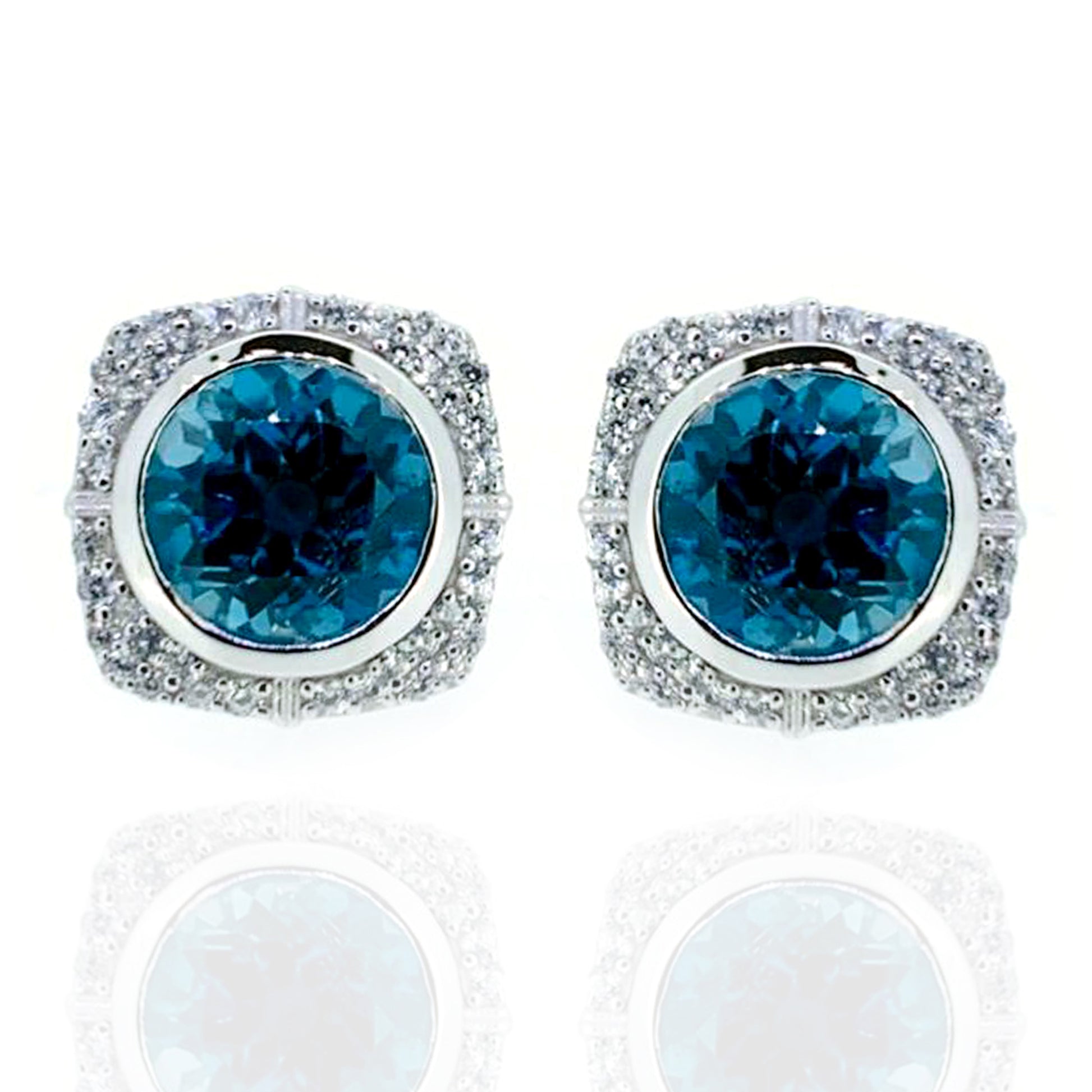 925 Sterling Silver London Blue Topaz, White Natural Zircon Stud Earring - Pinctore