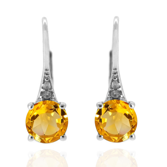 925 Sterling Silver With 6mm Round Citrine, Diamond Dangle Earring