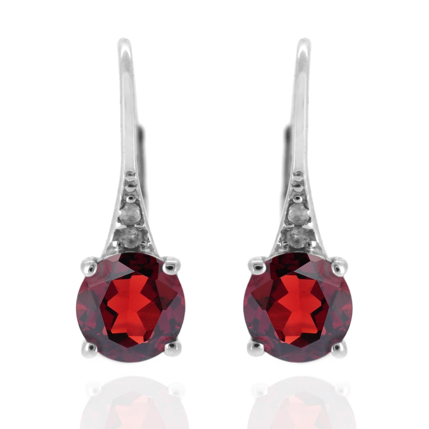 925 Sterling Silver With 6mm Round Red Garnet, Diamond Dangle Earring