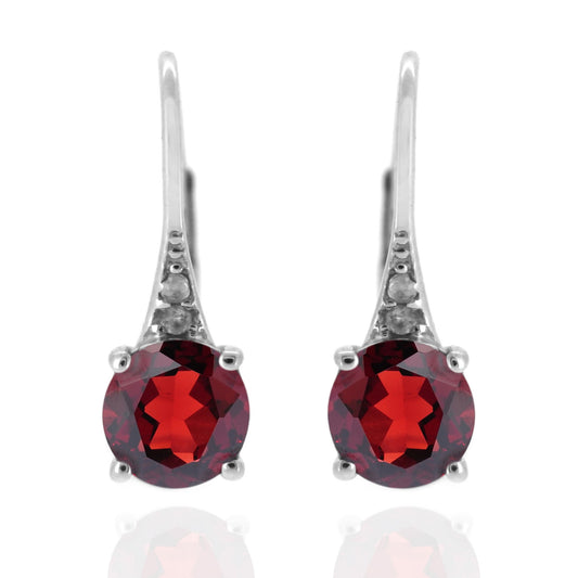 925 Sterling Silver With 6mm Round Red Garnet, Diamond Dangle Earring
