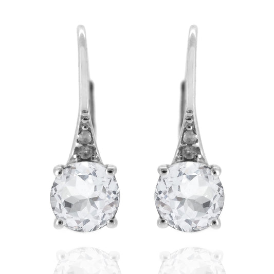 925 Sterling Silver With 6mm Round White Topaz, Diamond Dangle Earring