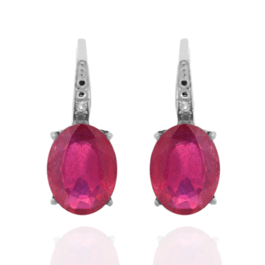 925 Sterling Silver With 9x7 Oval Ruby, Diamond Dangle Earring