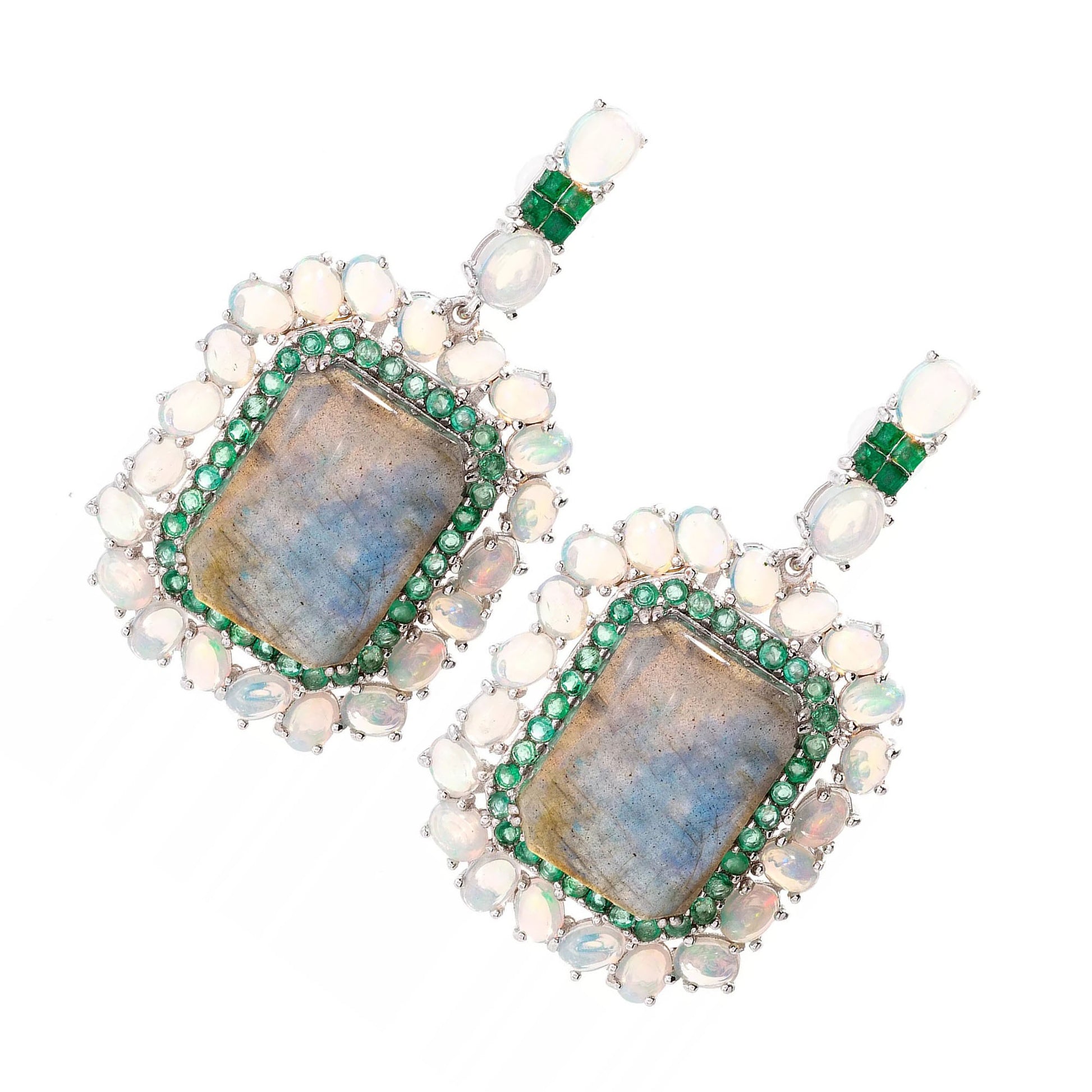 925 Sterling Silver Labradorite,  Ethiopian Opal, Brazilian Emerald Earring - Pinctore