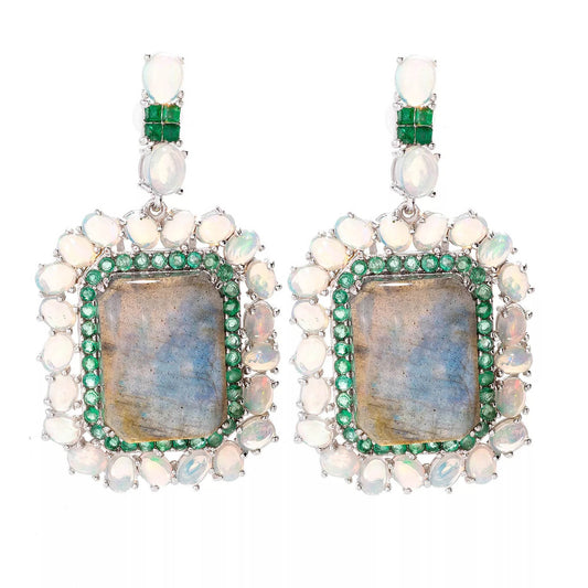 925 Sterling Silver Labradorite,  Ethiopian Opal, Brazilian Emerald Earring - Pinctore