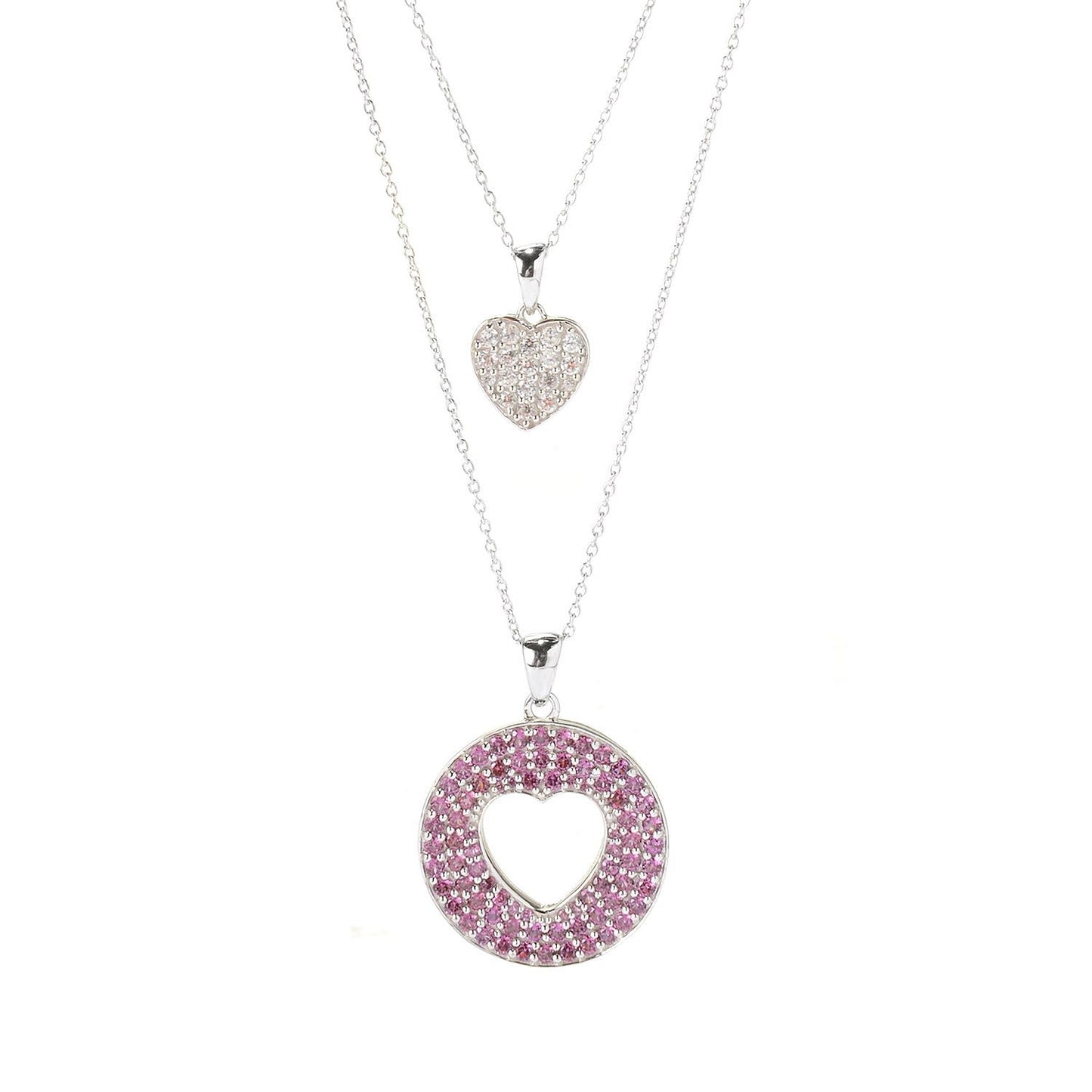 Pinctore Sterling Silver 2.8ctw Rhodolite & White Zircon Diamond Cut Heart 18' Necklace - pinctore