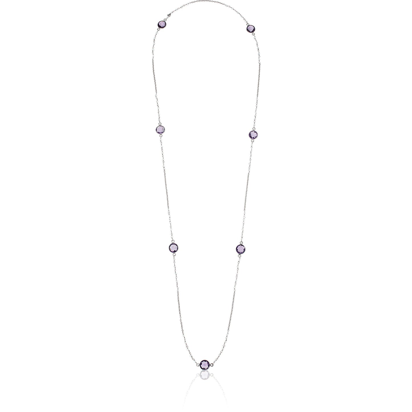 Pinctore Sterling Silver 36" 10mm African Amethyst & Rainbow Moonstone Station Necklace - pinctore