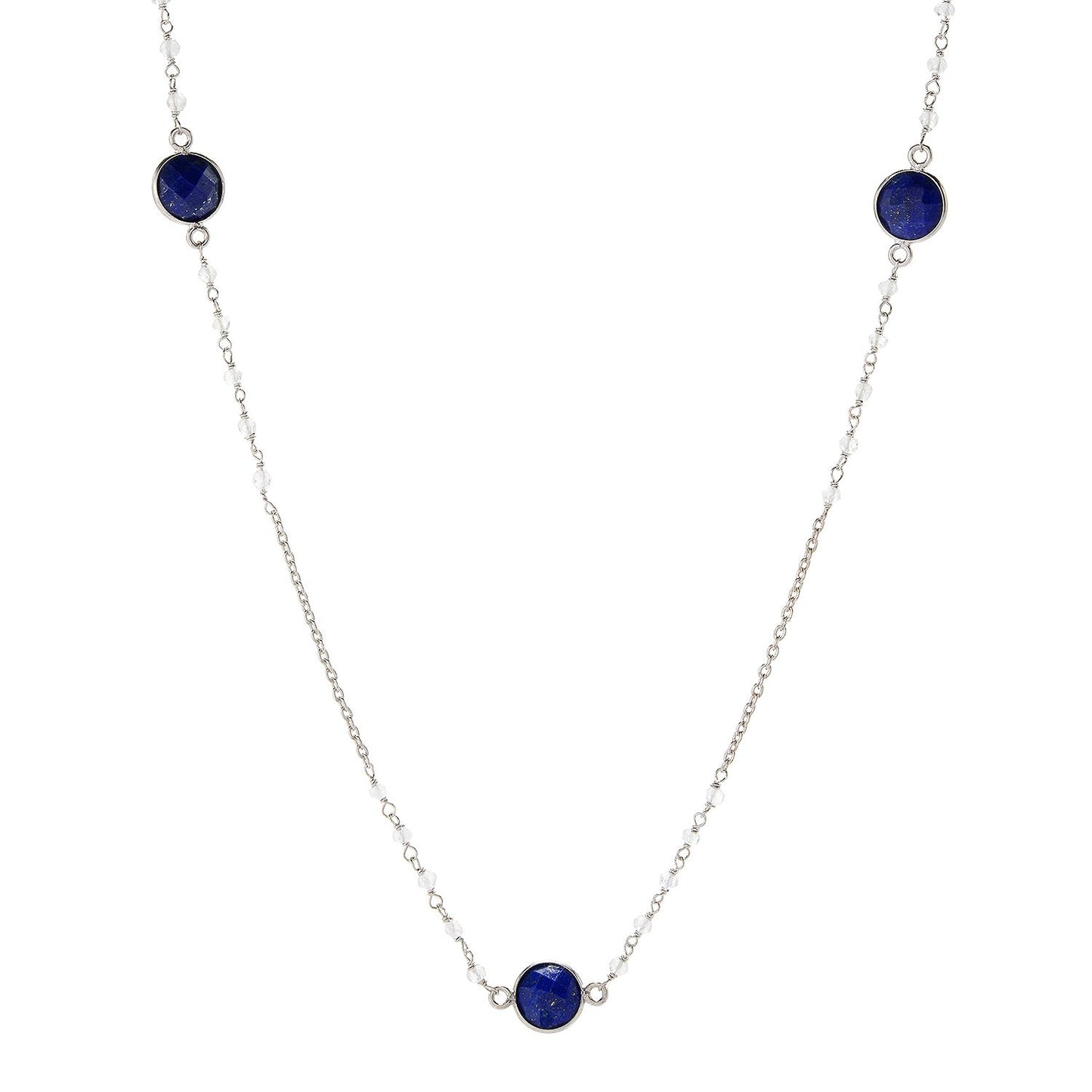 Pinctore Sterling Silver 36" 10mm Lapis & Rainbow Moonstone Station Necklace - pinctore