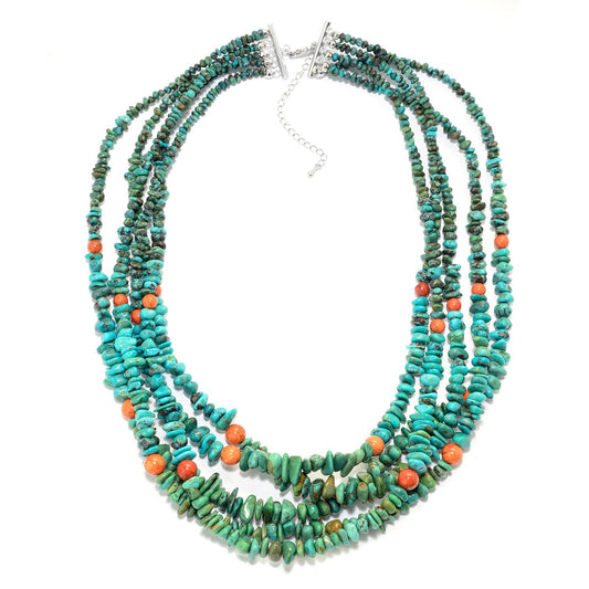 Pinctore Sterling Silver 20" Bamboo Coral & Hubei Turquoise 5-Strand Necklace - pinctore