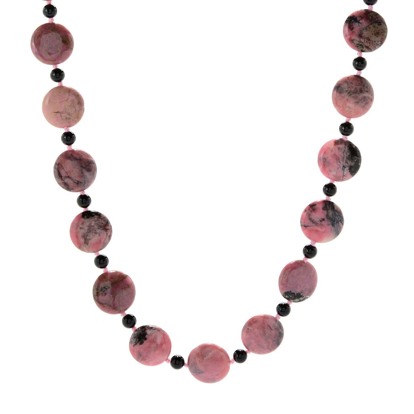 Pinctore 28" 18mm Coin Shaped Rhodonite & Onyx Beaded Endless Necklace - pinctore