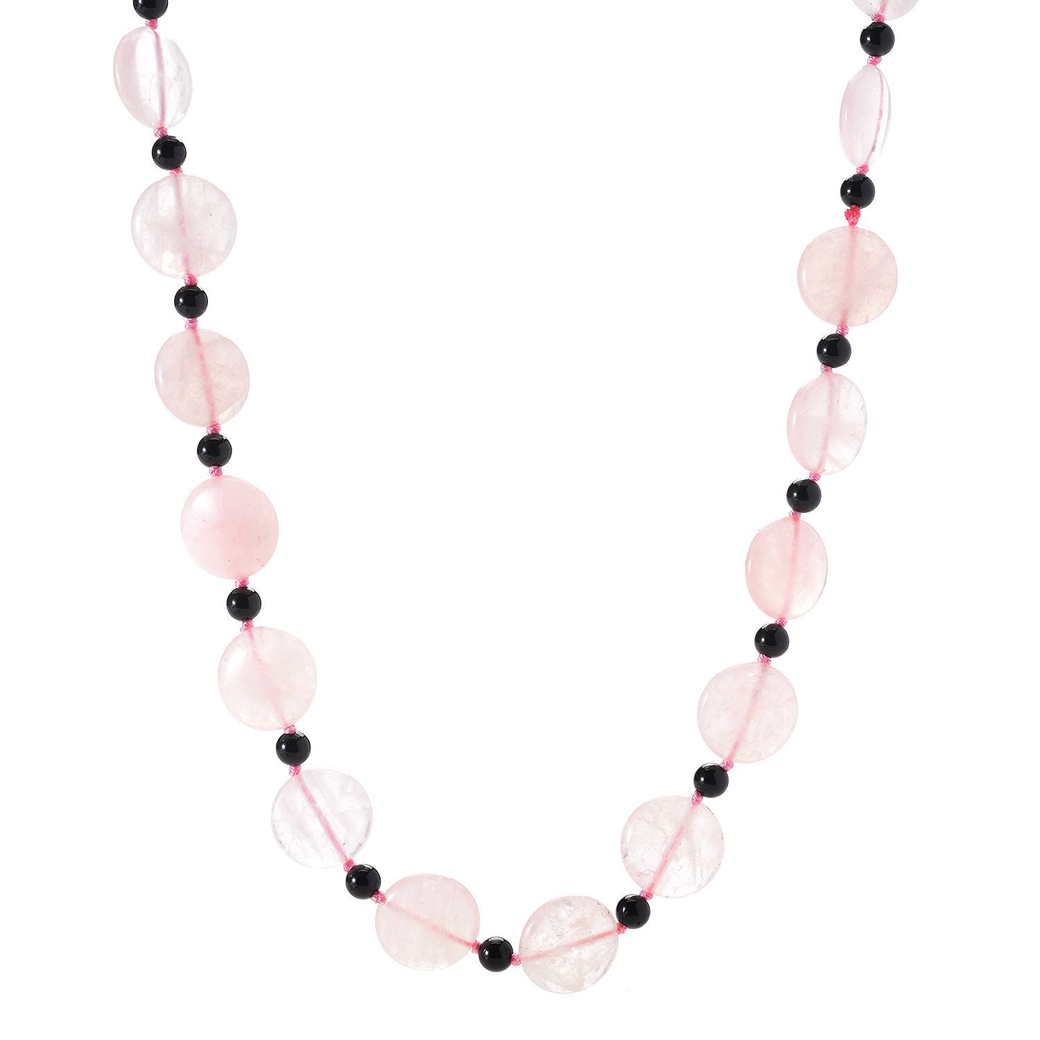 Pinctore 28" 18mm Coin Shaped Rose Quartz & Onyx Beaded Endless Necklace - pinctore