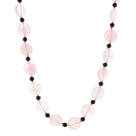 Pinctore 28" 18mm Coin Shaped Rose Quartz & Onyx Beaded Endless Necklace - pinctore