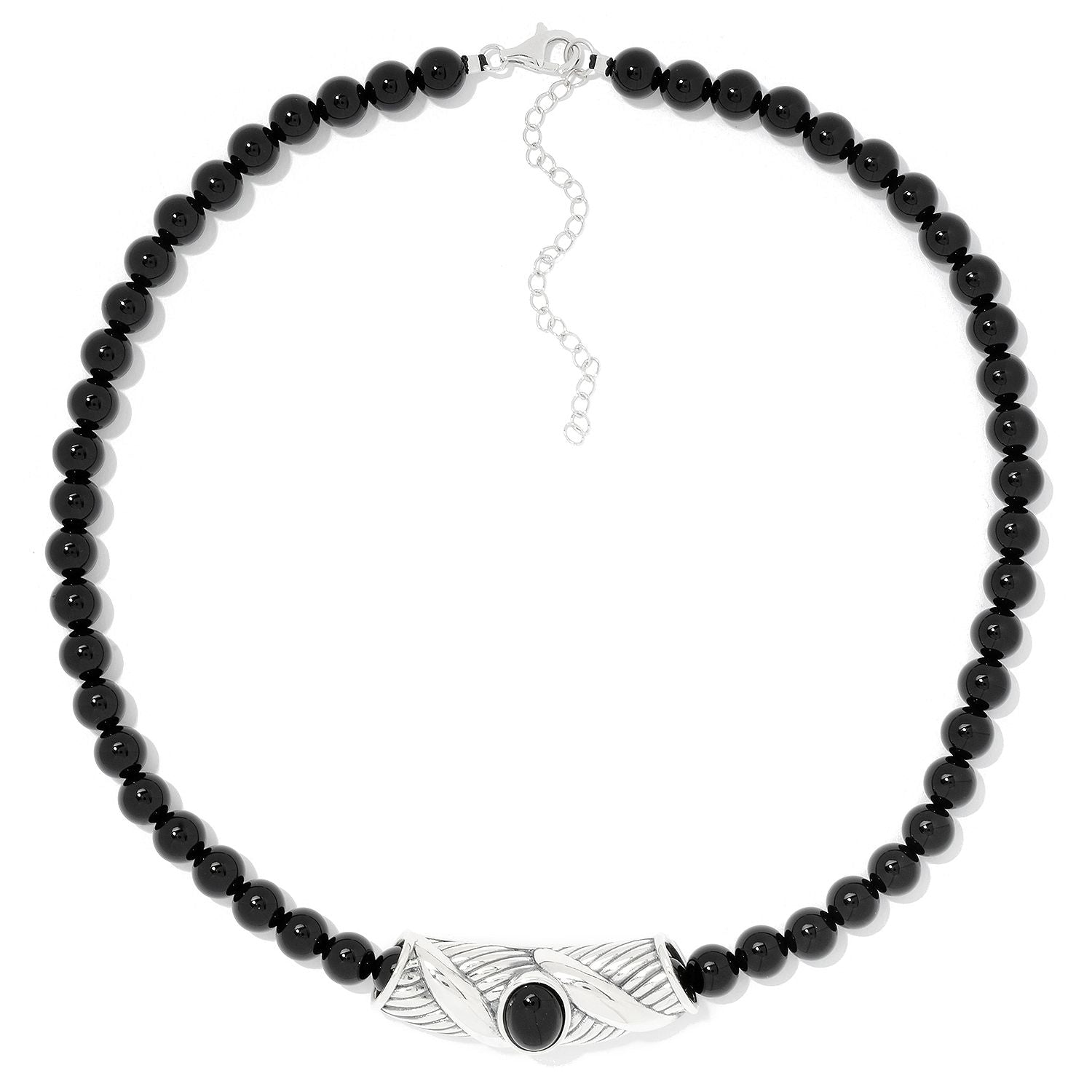 Pinctore Sterling Silver Oval Black Onyx Slide Pendant & 18" Bead Necklace - pinctore