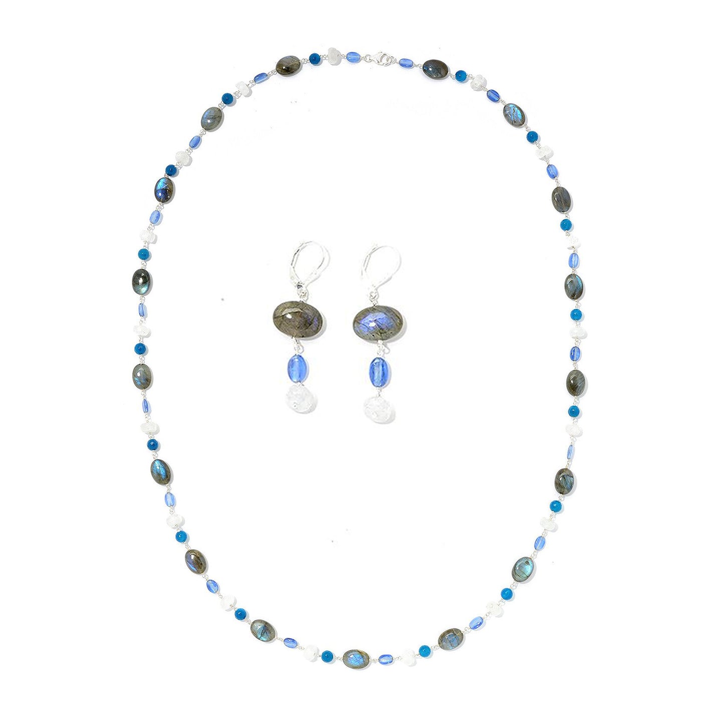 925 Sterling Silver Rainbow Moonstone, Kyanite, Labradorite, Blue Agate Necklace - Pinctore