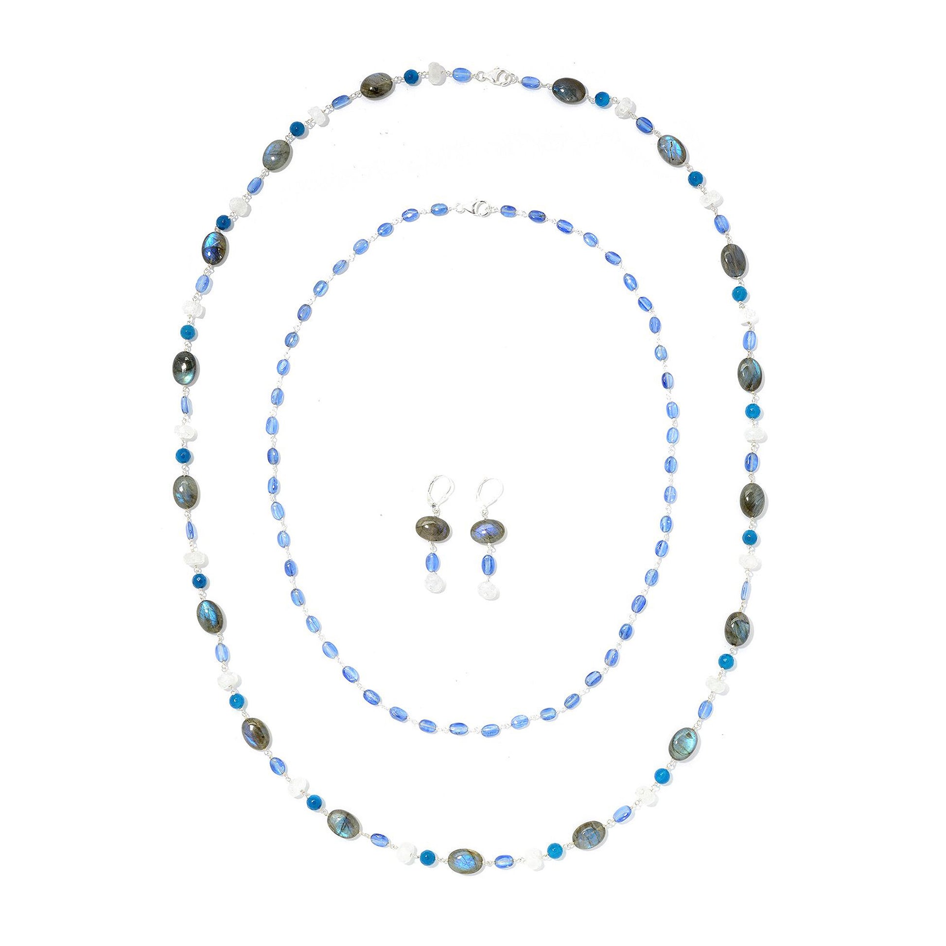 925 Sterling Silver Rainbow Moonstone, Kyanite, Labradorite, Blue Agate Necklace - Pinctore